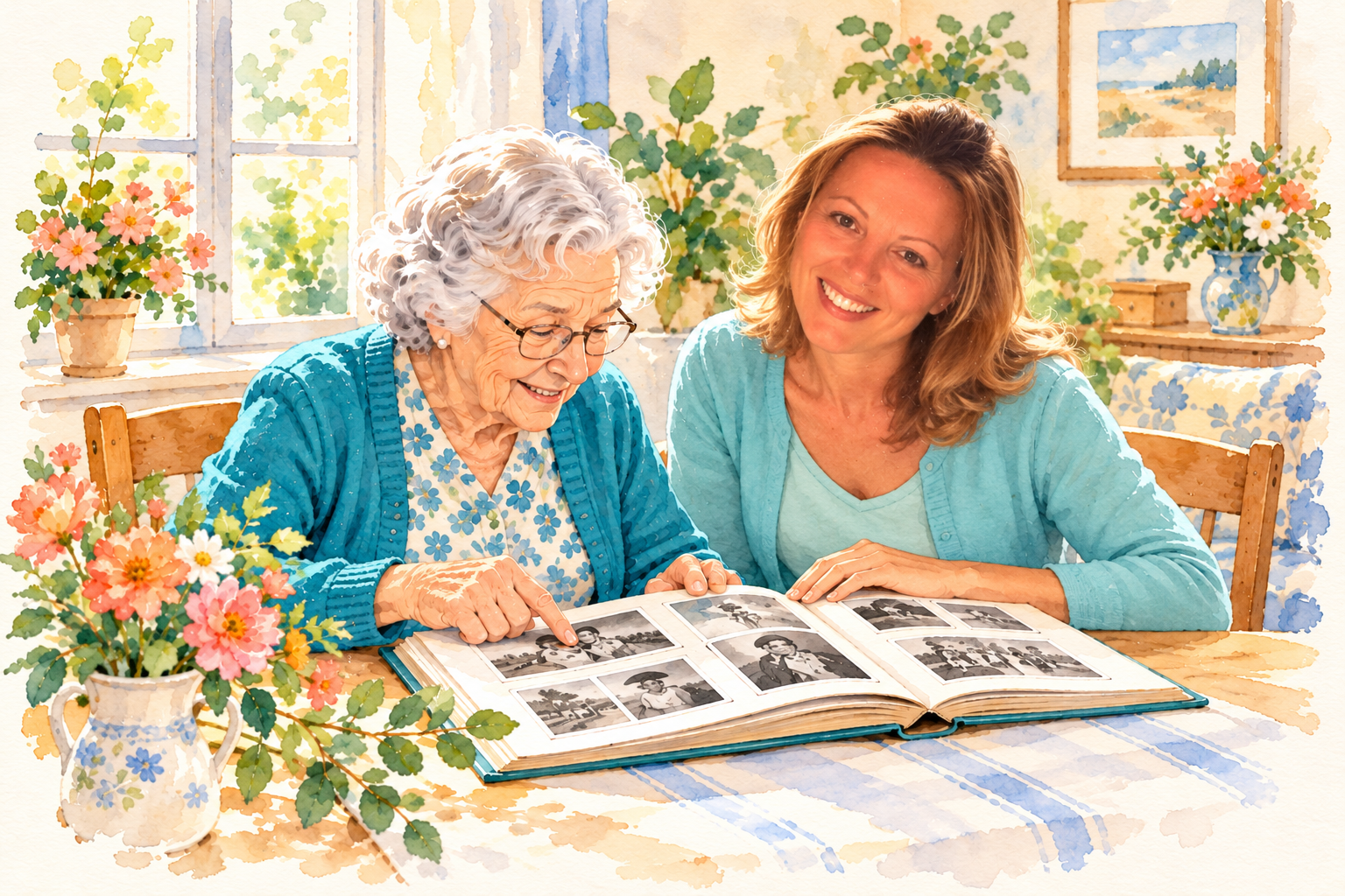 Illustration aquarelle : une accompagnante et une dame âgée partagent un album photo