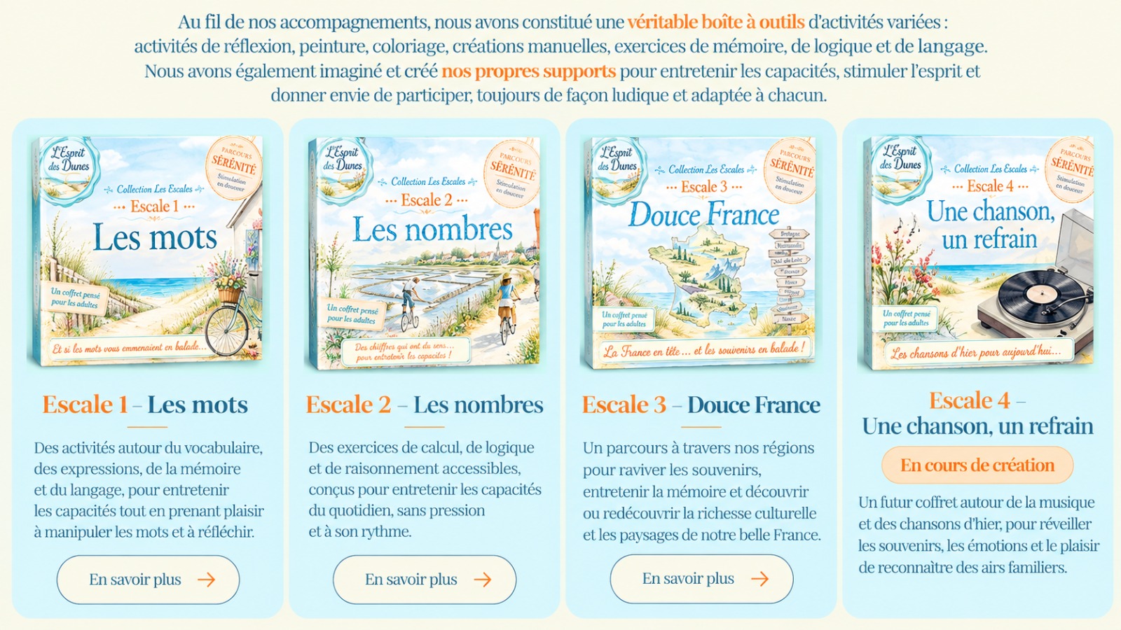 Présentation des coffrets Les mots, Les nombres, Douce France et Une chanson, un refrain